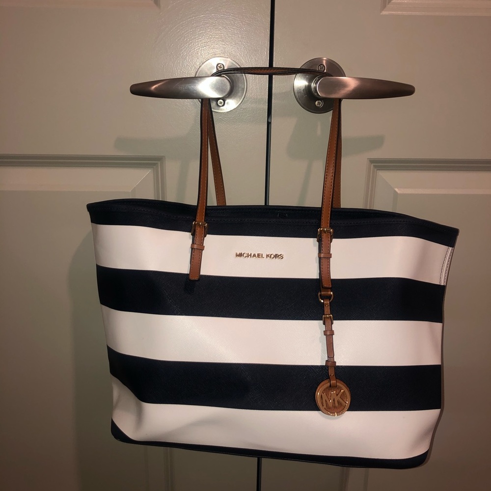Michael Kors navy and white stripe tote